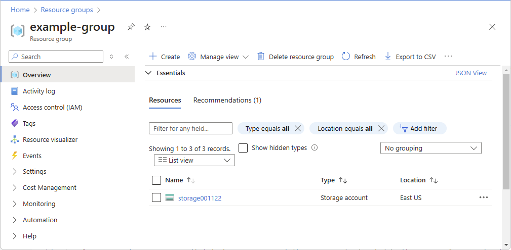 Screenshot della pagina di panoramica del gruppo di risorse.