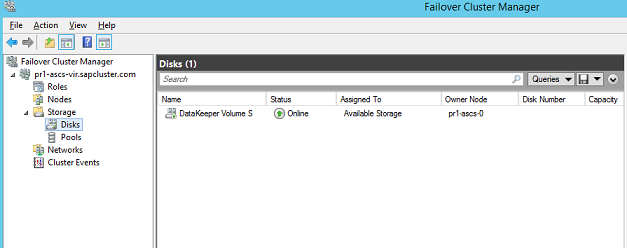 Figura 45: Gestione cluster di failover visualizza il disco replicato da DataKeeper