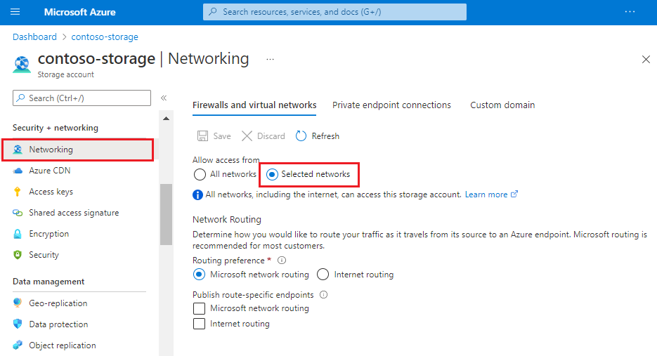 Screenshot della pagina Firewall e reti virtuali di Archiviazione di Azure