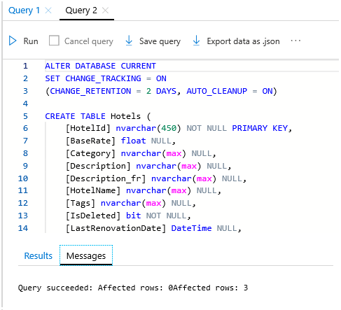 Screenshot dello script SQL in una finestra dell'Editor di query.