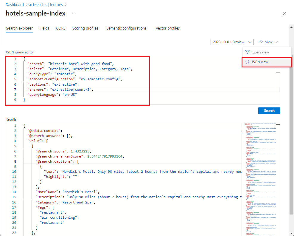 Screenshot che mostra la sintassi delle query JSON nel portale di Azure.