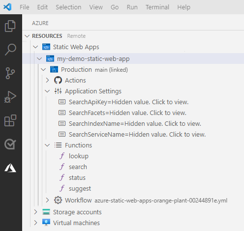 Screenshot di Visual Studio Code che mostra Esplora app Web statiche di Azure con le nuove impostazioni dell'applicazione.