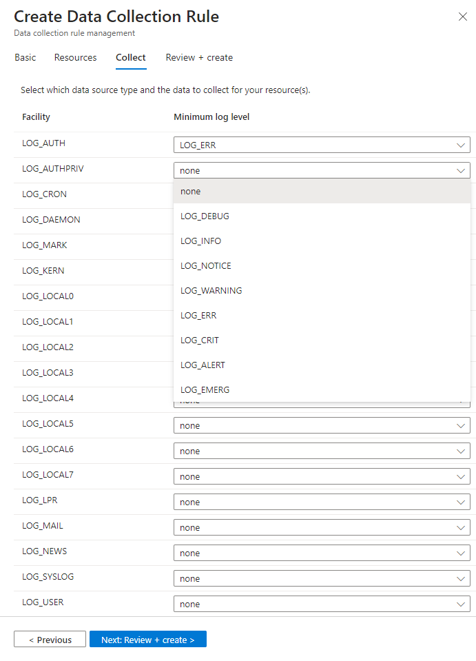 Screenshot che mostra come selezionare i livelli di log durante la configurazione di DCR.