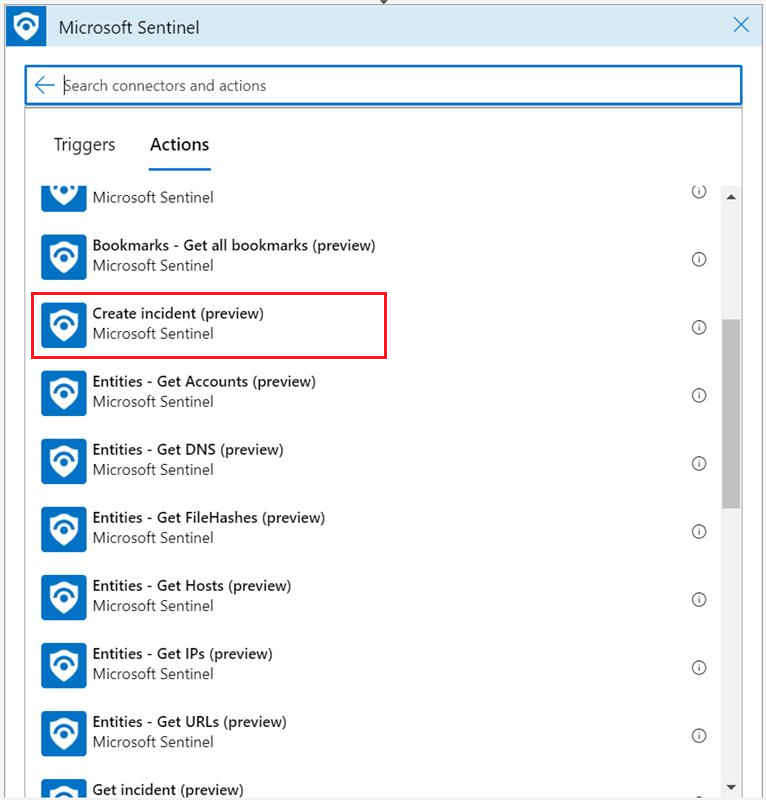 Screenshot dell'azione di creazione dell'incidente delle App per la logica nel connettore di Microsoft Sentinel.