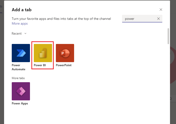Screenshot che mostra la selezione di Power BI nella finestra Aggiungi una scheda in Teams.