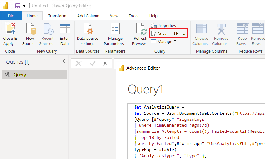 Screenshot che mostra la query M incollata nell'Editor avanzato di Power BI.