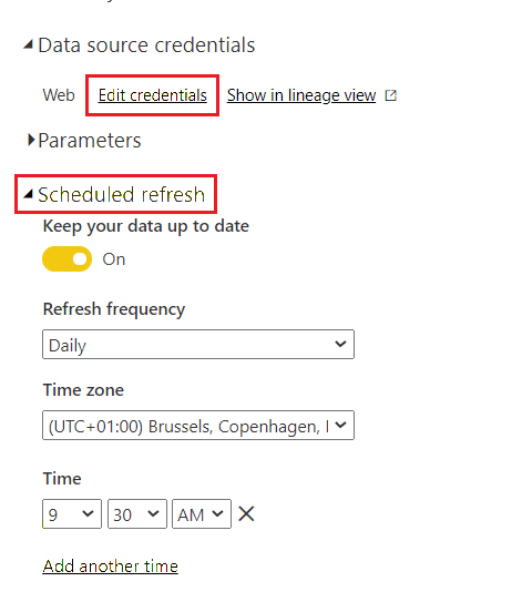 Screenshot che mostra le impostazioni di aggiornamento pianificato per il set di dati del report di Power BI.