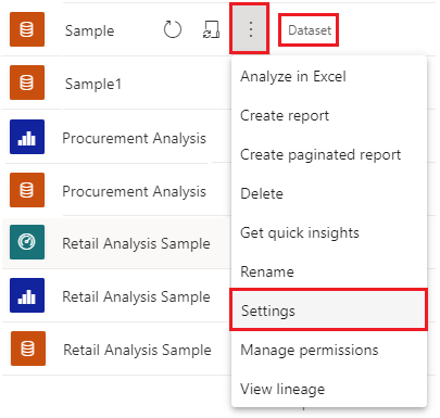 Screenshot che mostra Impostazioni in Altre opzioni nel set di dati del report di Power BI.