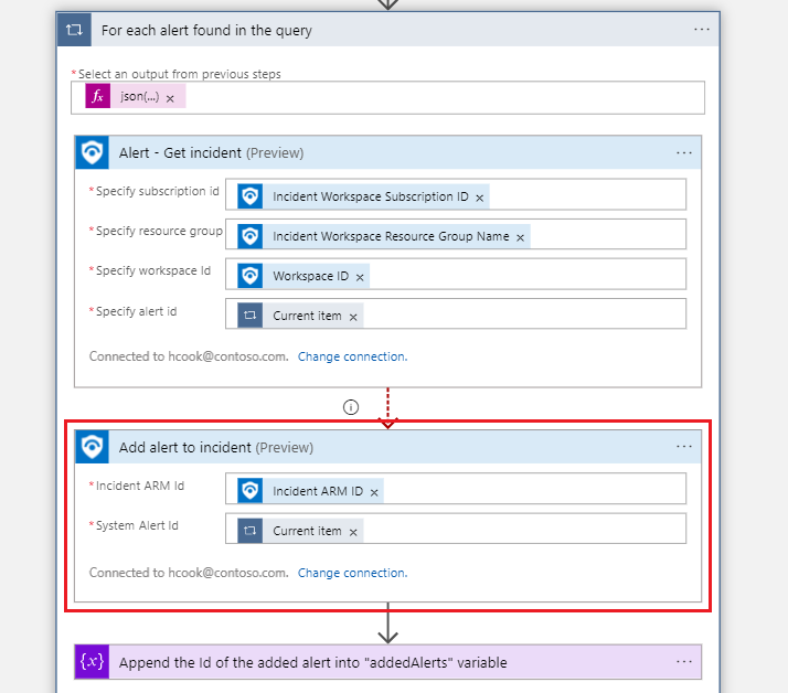 Screenshot dell'aggiunta di un avviso a un evento imprevisto tramite un'azione playbook.