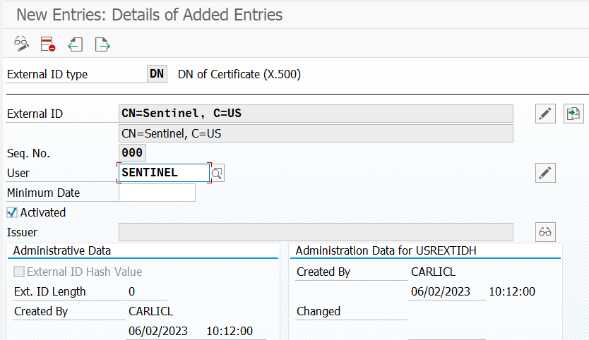 Screenshot della configurazione della tabella SAP VUSREXTID.