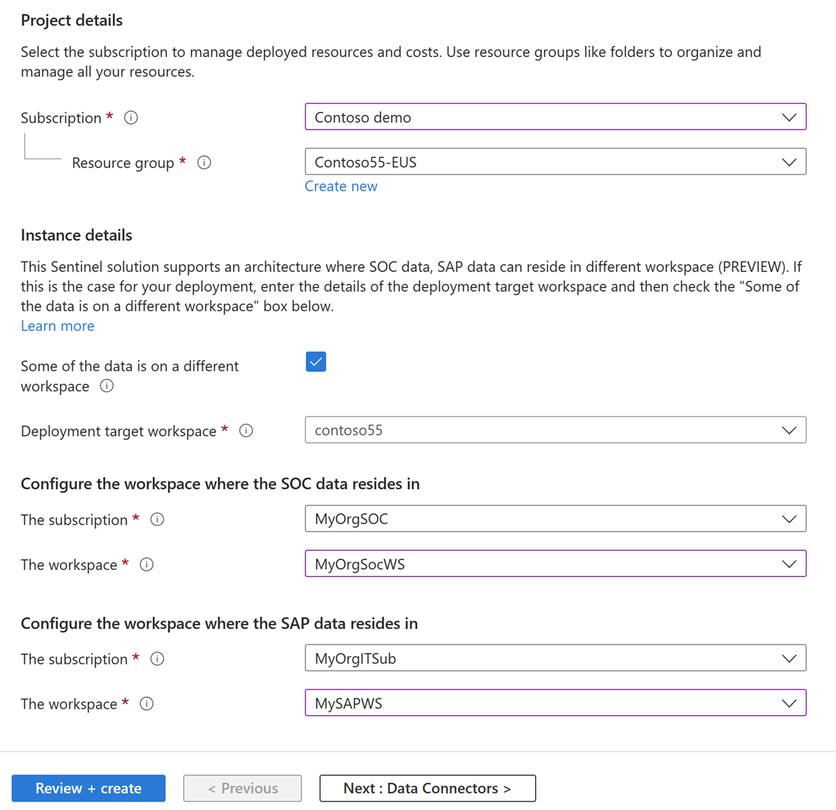 Screenshot di come configurare la soluzione Microsoft Sentinel per le applicazioni SAP® da usare in più aree di lavoro.