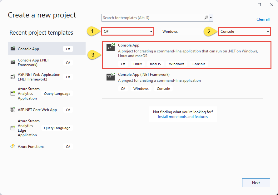 Immagine che mostra la finestra di dialogo Crea un nuovo progetto con C# e Console selezionati