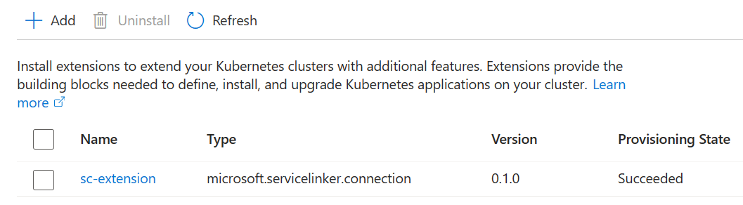 Screenshot del portale di Azure, visualizzare l'estensione del servizio Azure Kubernetes.