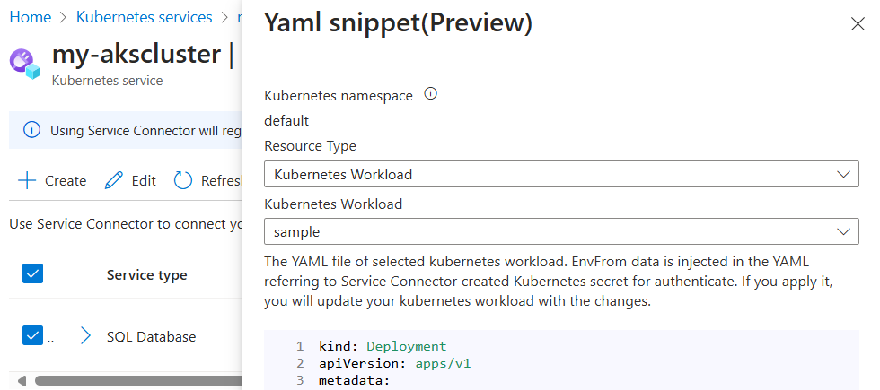 Screenshot del portale di Azure che mostra il frammento di codice Kubernetes per creare una nuova connessione a un database SQL nel servizio Azure Kubernetes.