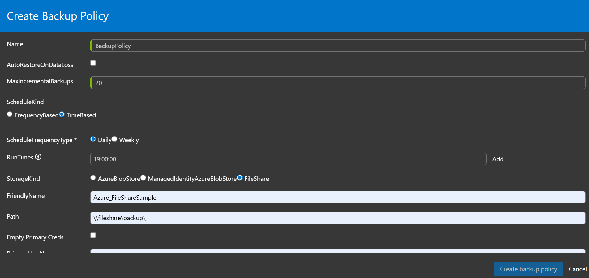 Creare una condivisione file per i criteri di backup