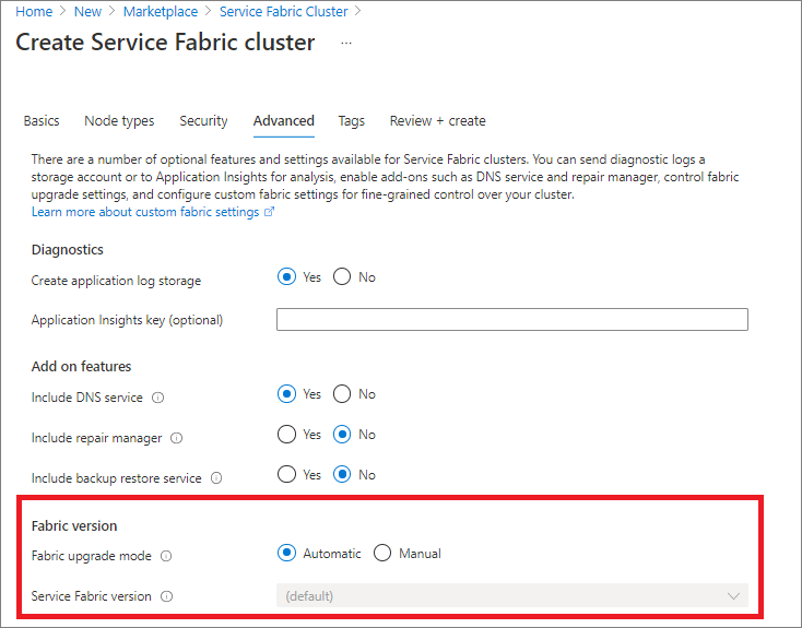 Scegliere tra aggiornamenti automatici o manuali durante la creazione di un nuovo cluster in portale di Azure dalle opzioni 