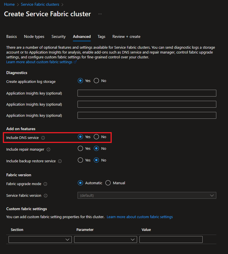 Screenshot dell'abilitazione del servizio DNS per un cluster standard tramite il portale.