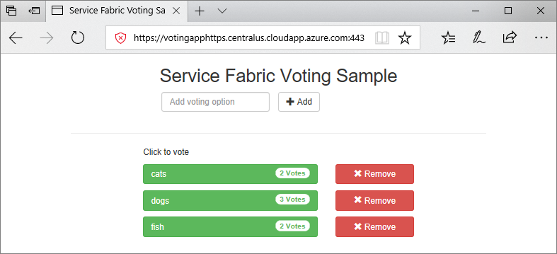 Screenshot che mostra l'app Service Fabric Voting Sample in esecuzione in una finestra del browser.