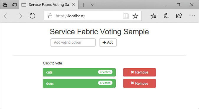 Screenshot che mostra l'app Service Fabric Voting Sample in esecuzione in un browser e l'URL localhost.