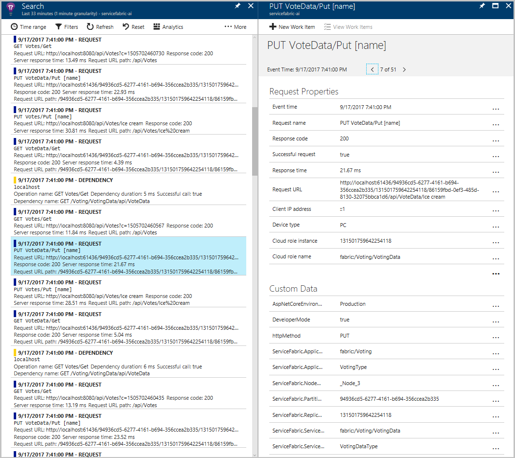 Screenshot che mostra i dettagli della traccia di Application Insights.