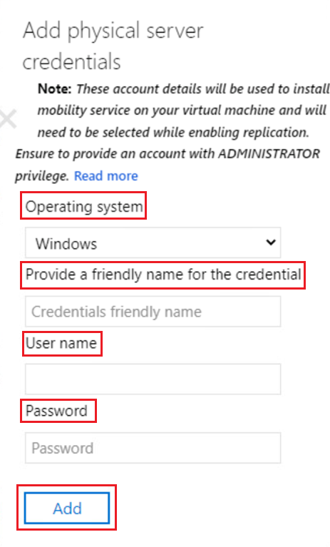 Screenshot dell'opzione Aggiungi credenziali server fisico.