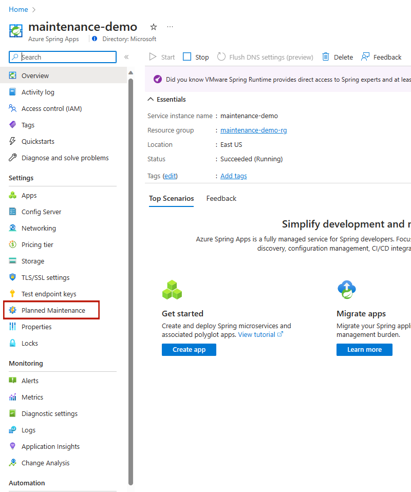 Schermata del portale di Azure che mostra la barra laterale Azure Spring Apps con la manutenzione pianificata in evidenza.