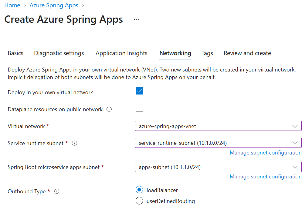 Screenshot della pagina Creazione app Azure Spring del portale di Azure che mostra la scheda Rete.