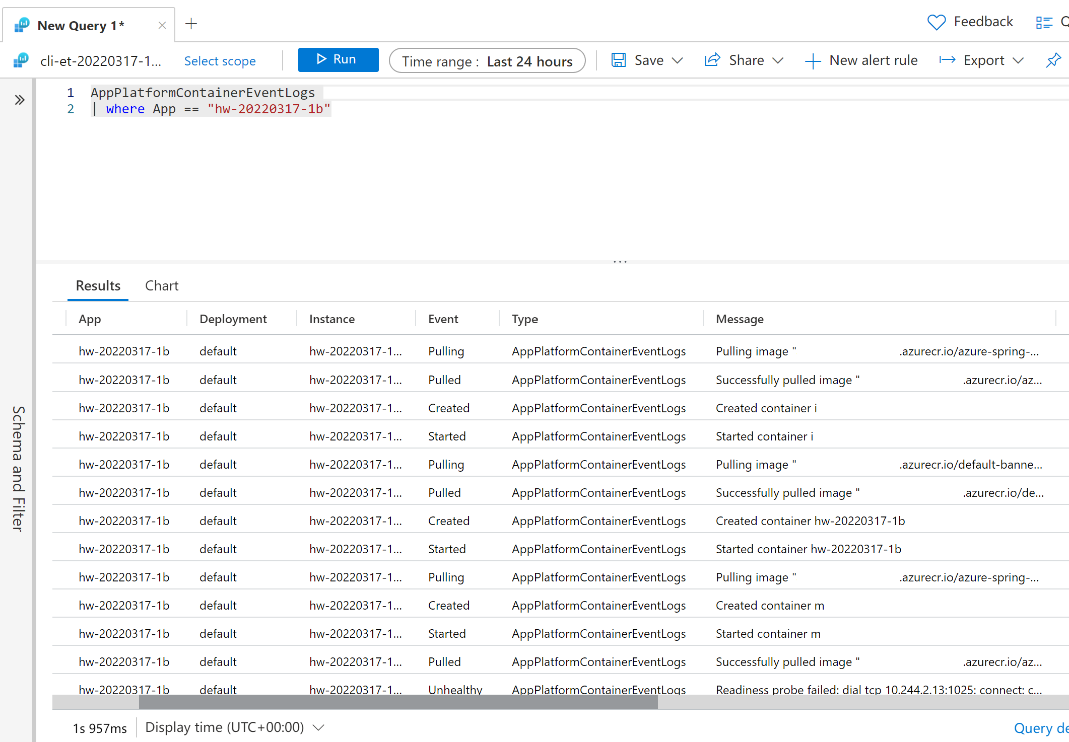 Screenshot di Monitoraggio di Azure che mostra il log eventi del contenitore.