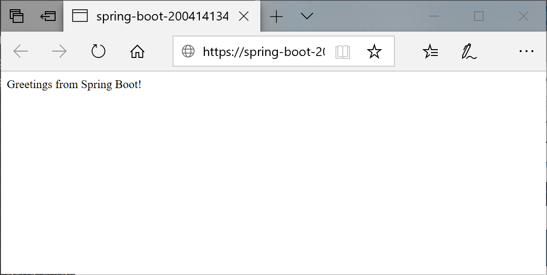 Screenshot dell'app in esecuzione in un browser che mostra il messaggio Greetings from Spring Boot(Messaggi di saluto da Spring Boot).