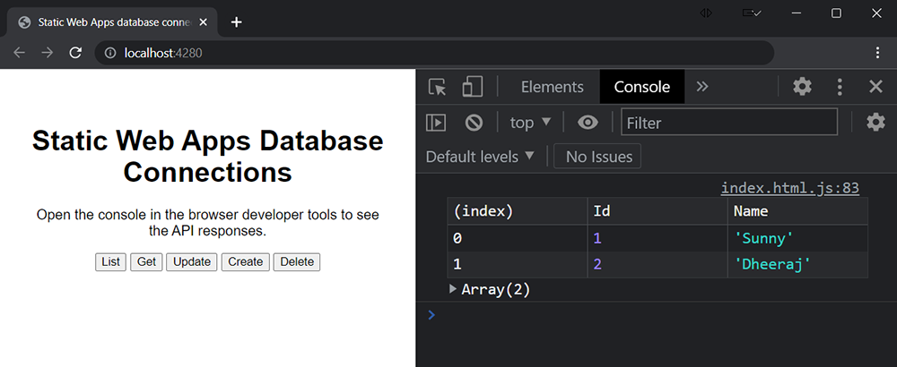 Web browser che mostra i risultati di Cosmos DB nella finestra della console degli strumenti di sviluppo.