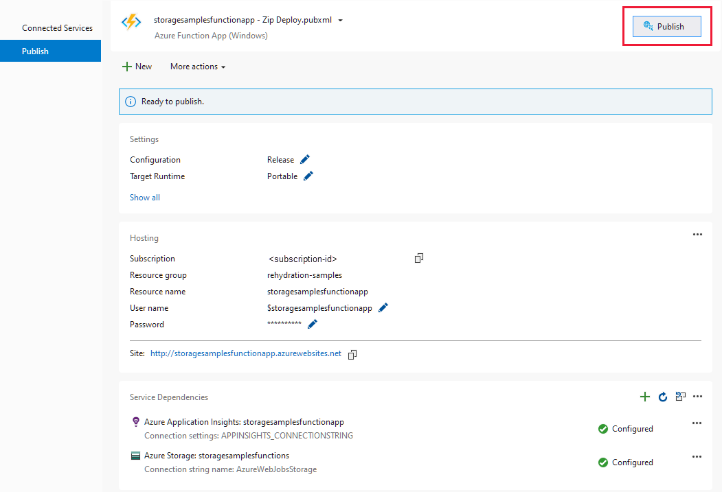 Screenshot che mostra la pagina per pubblicare funzioni di Azure da Visual Studio