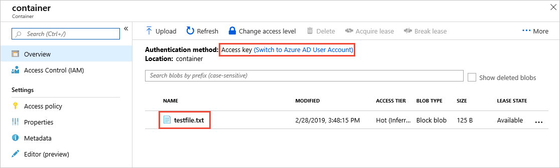 Screenshot showing user currently accessing containers with the account key