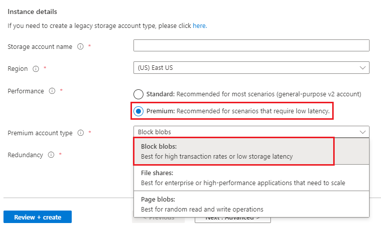 Opzione BLOB in blocchi Premium