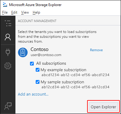 Screenshot che mostra Archiviazione di Microsoft Azure Explorer ed evidenzia il riquadro Gestione account e il pulsante Apri esplora risorse.