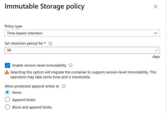 Screenshot che mostra come eseguire la migrazione di un contenitore esistente per supportare l'immutabilità a livello di versione