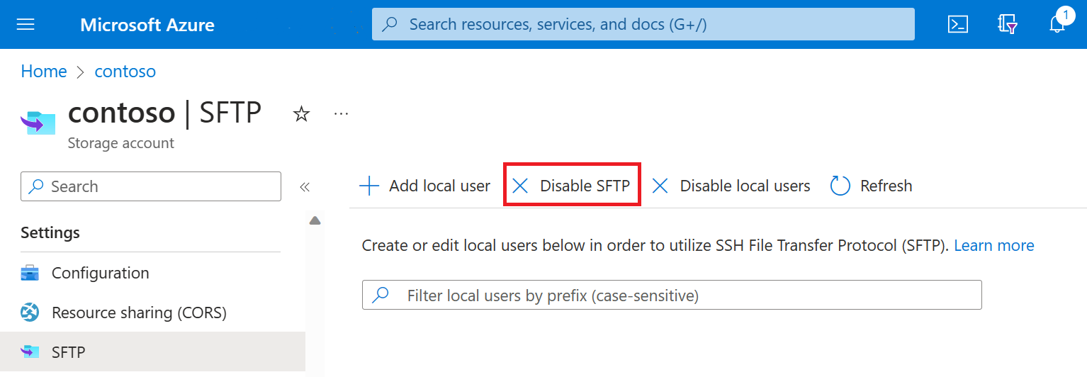 Screenshot del pulsante disabilita SFTP.