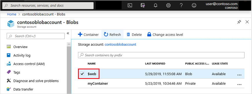 Screenshot che mostra come abilitare l'hosting di siti Web statici in un account di archiviazione usando un contenitore di archiviazione BLOB