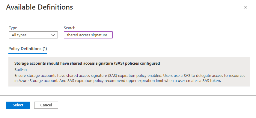 Screenshot che mostra come selezionare i criteri predefiniti per monitorare gli intervalli di validità per le firme di accesso condiviso per gli account di archiviazione