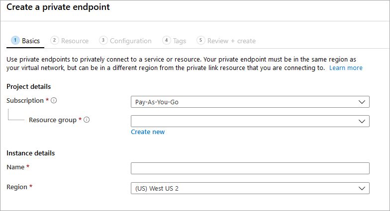 Screenshot della sezione Informazioni di base della sezione per creare un endpoint privato