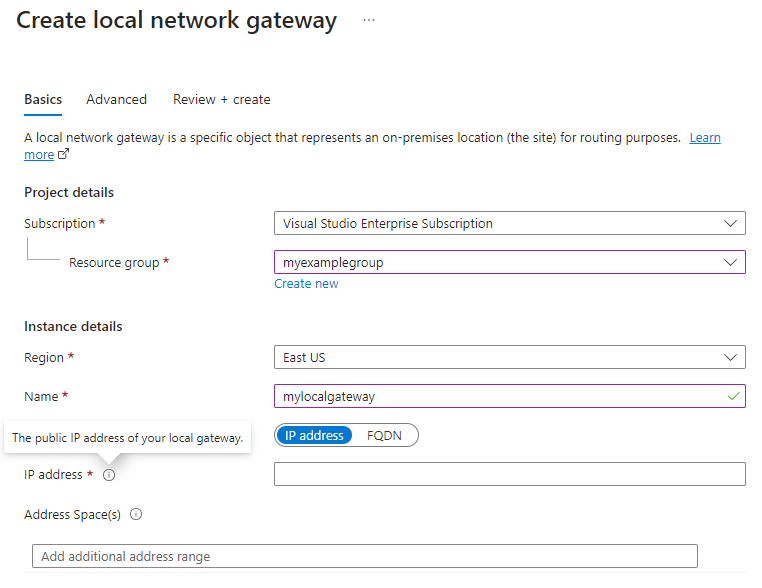 Screenshot che mostra come creare un gateway di rete locale usando il portale di Azure.