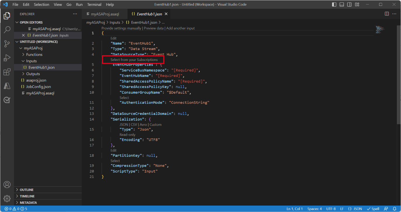 Screenshot dell'estensione VSCode che mostra i file json di input.