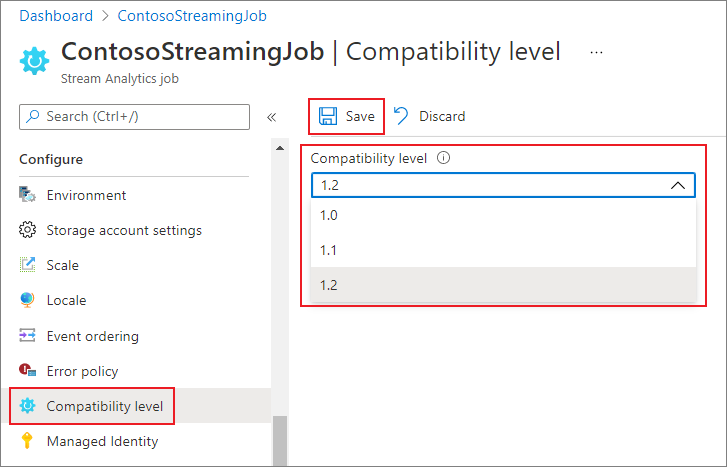 Livello di compatibilità di Analisi di flusso nel portale di Azure