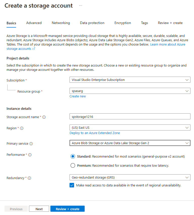 Screenshot che mostra la pagina Crea account di archiviazione nel portale di Azure.