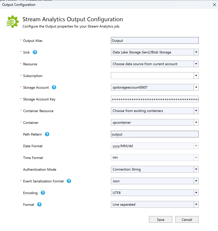 Screenshot che mostra la pagina Configurazione output analisi di flusso.