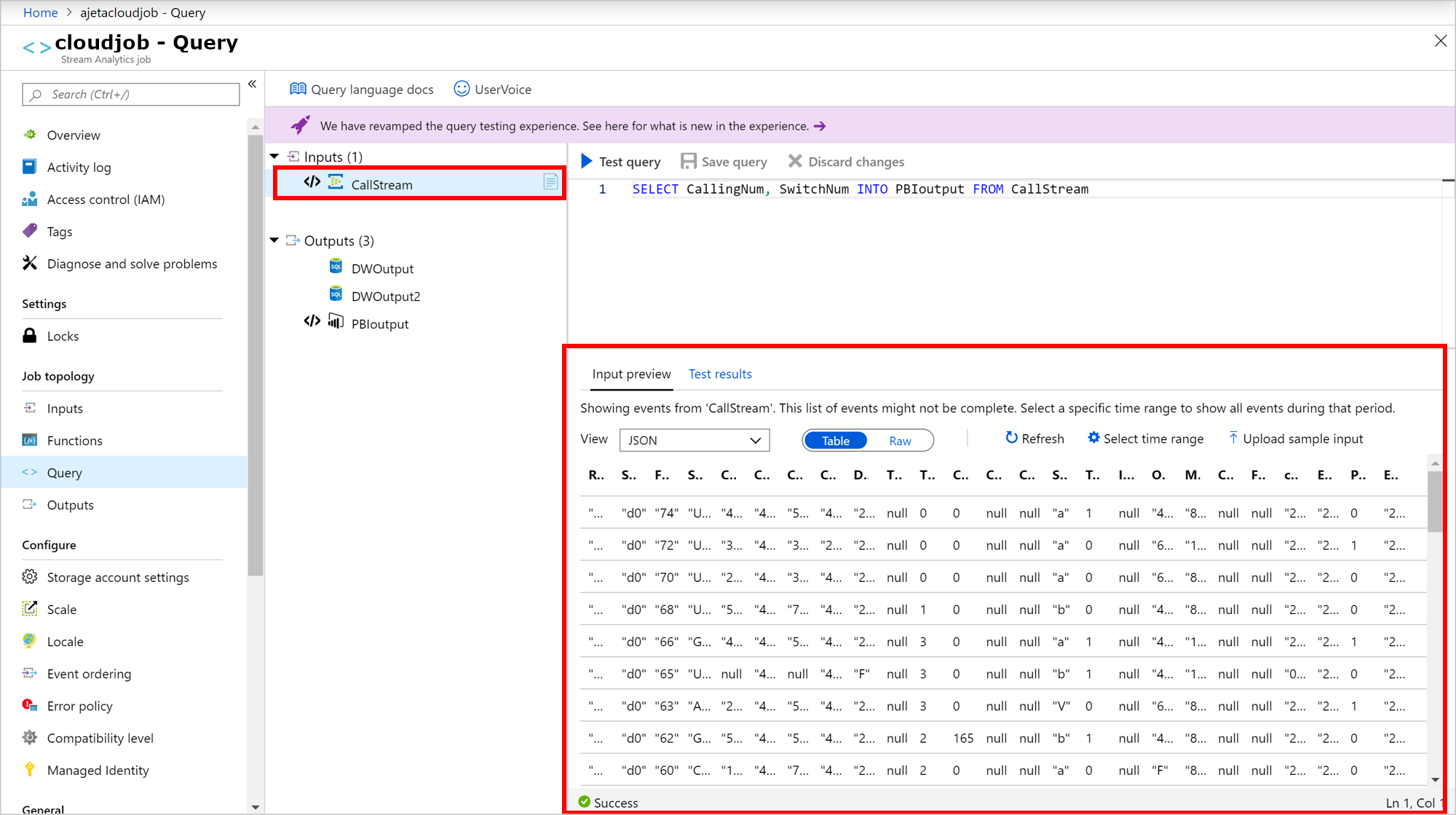 Input di esempio di Analisi di flusso di Azure in formato tabella