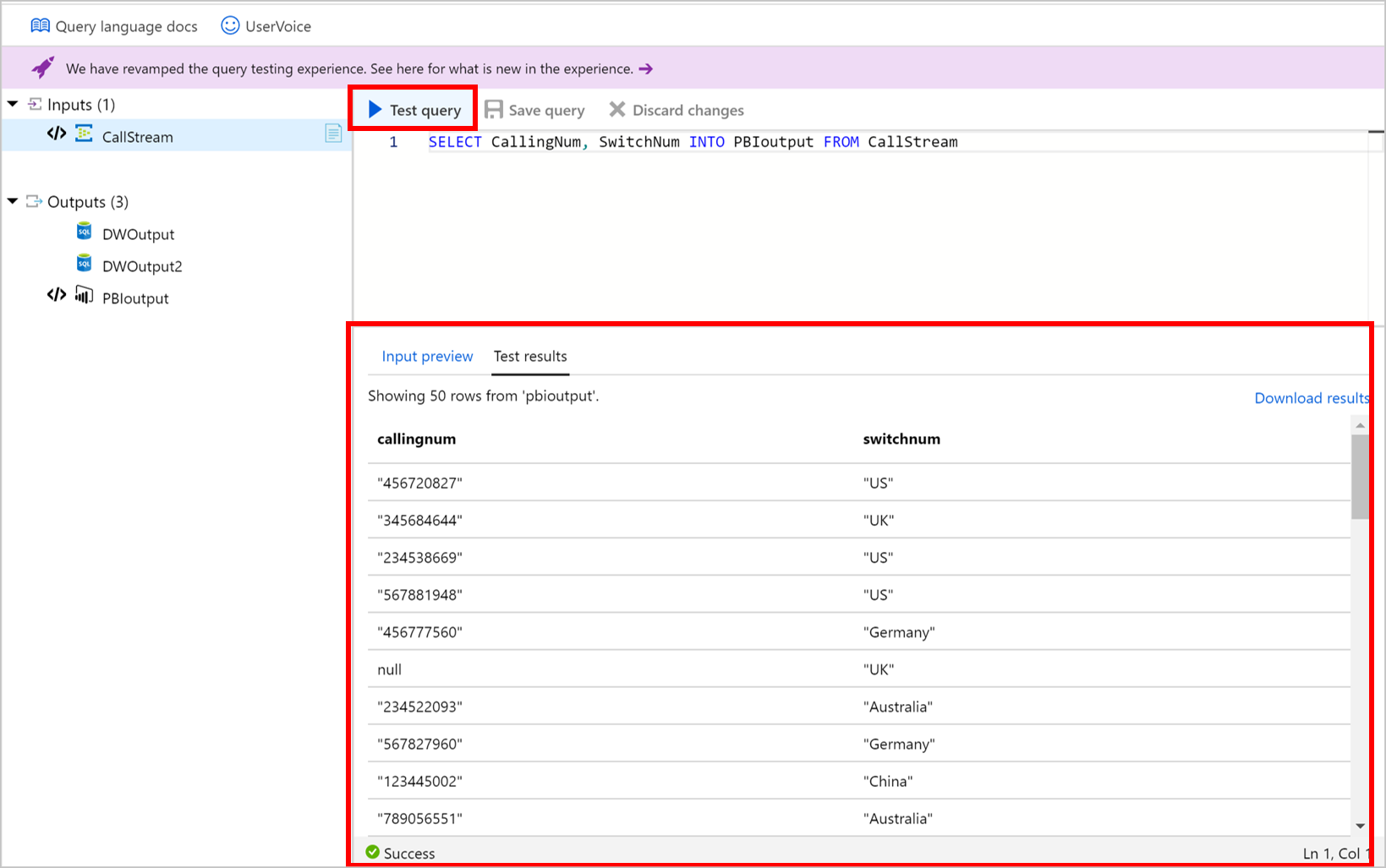 Risultati delle query di test di esempio di Analisi di flusso di Azure