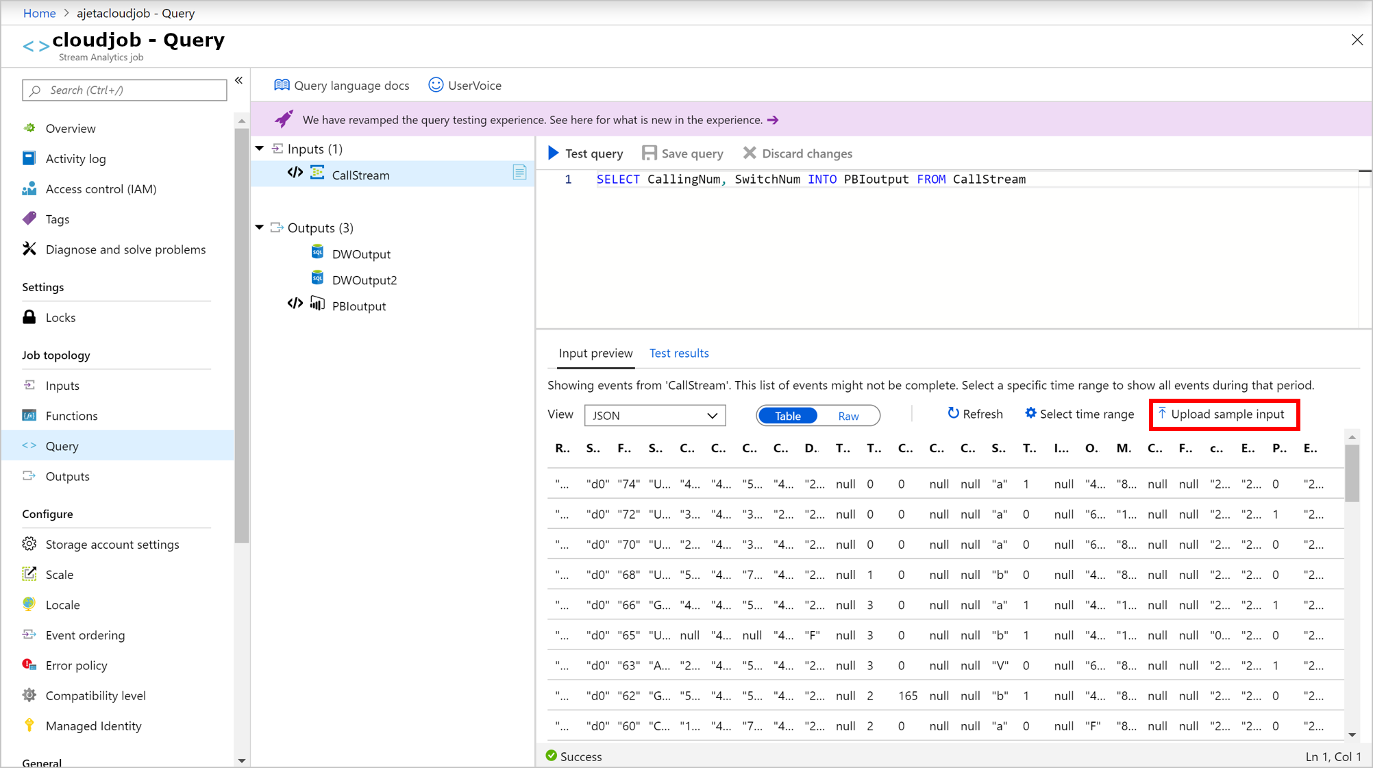 Screenshot che mostra l'opzione Carica input di esempio.