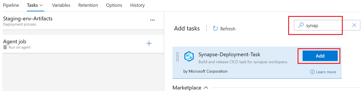 Screenshot che mostra la ricerca della distribuzione del workspace Synapse per la creazione di un'attività.