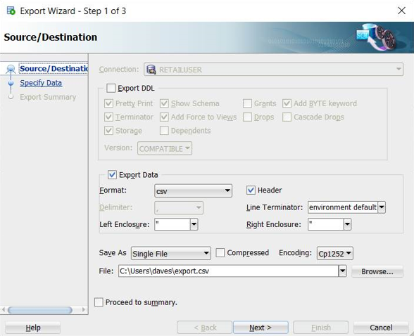 Screenshot dell'interfaccia utente dell'esportazione guidata sviluppo SQL.