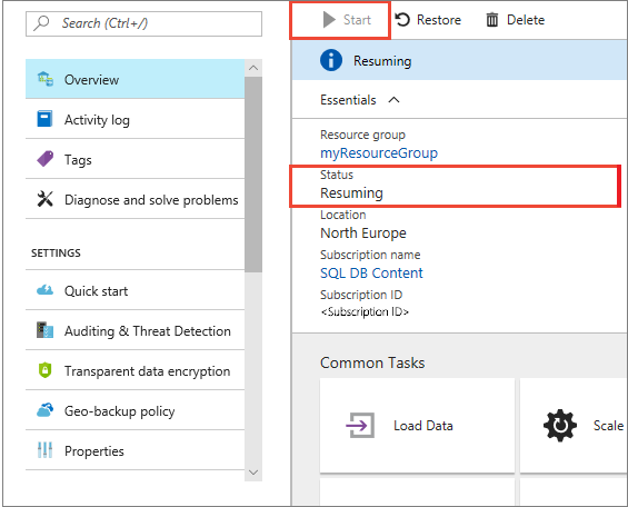 Screenshot che mostra il portale di Azure per un data warehouse di esempio con il pulsante di avvio selezionato e uno stato di ripresa.